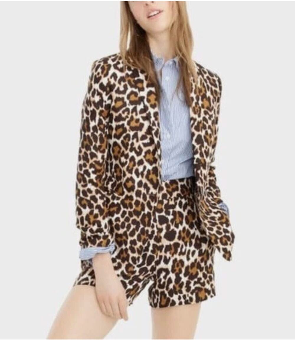 J. Crew Parke Leopard Print Linen Blend Blazer Jacket Neutral Beige Tan Size 4